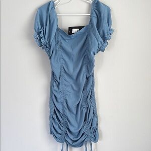 Fashion Nova Blue Ruched Bodycon Mini Dress with Puff Sleeves